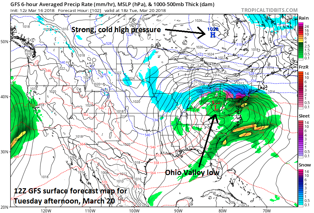 12Z GFS surface forecast map for Tuesday afternoon, March 20 (snow in blue; ice in red, purple; rain in green); map courtesy NOAA/EMC, tropicaltidbits.com