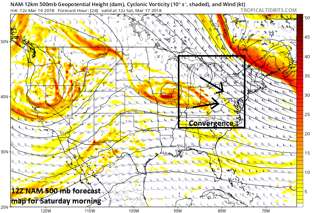 12Z NAM 500 mb forecast map for Saturday morning...convergence in the upper-atmosphere will tend to weaken the early weekend system