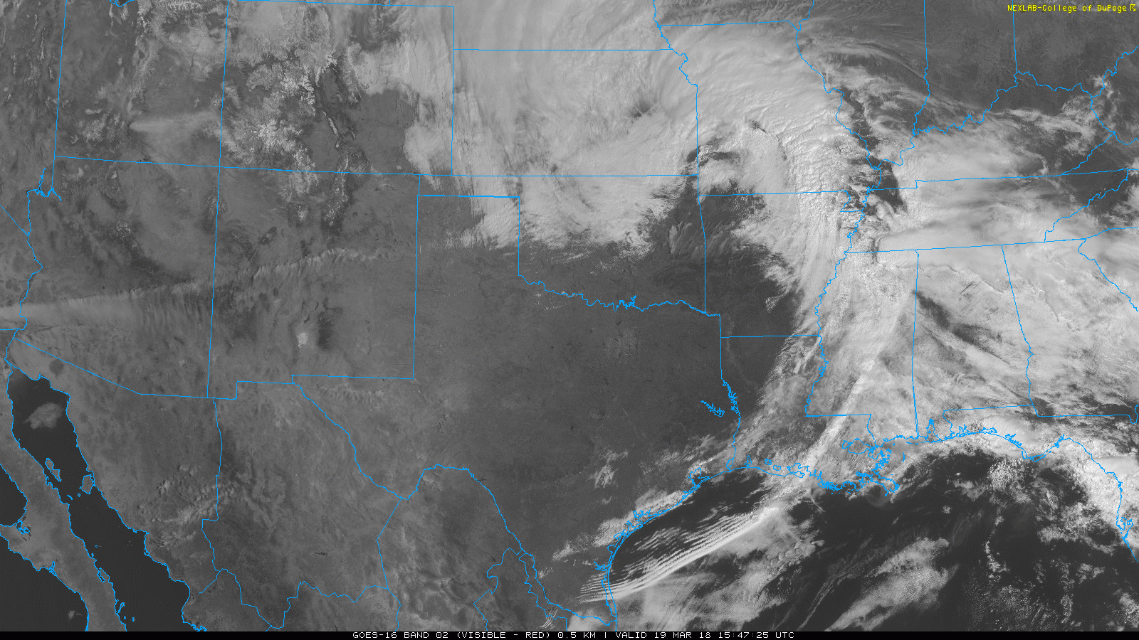 The genesis of the storm...low pressure in the middle of the country today will spawn severe weather in the Deep South; image courtesy NOAA
