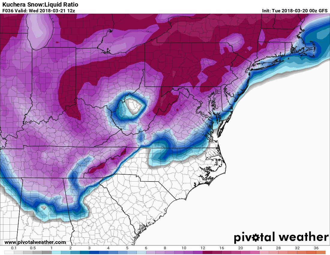 Forecast map of "Kuchera" snow:liquid ratio by tomorrow morning (00Z GFS). The higher the ratio, the quicker the snow can accumulate. This is indeed a truly cold air mass that is feeding into this developing storm system and ratios will get quite high on Wednesday (e.g., greater than 10:1 across much of PA). courtesy Pivotal Weather, NOAA/EMC