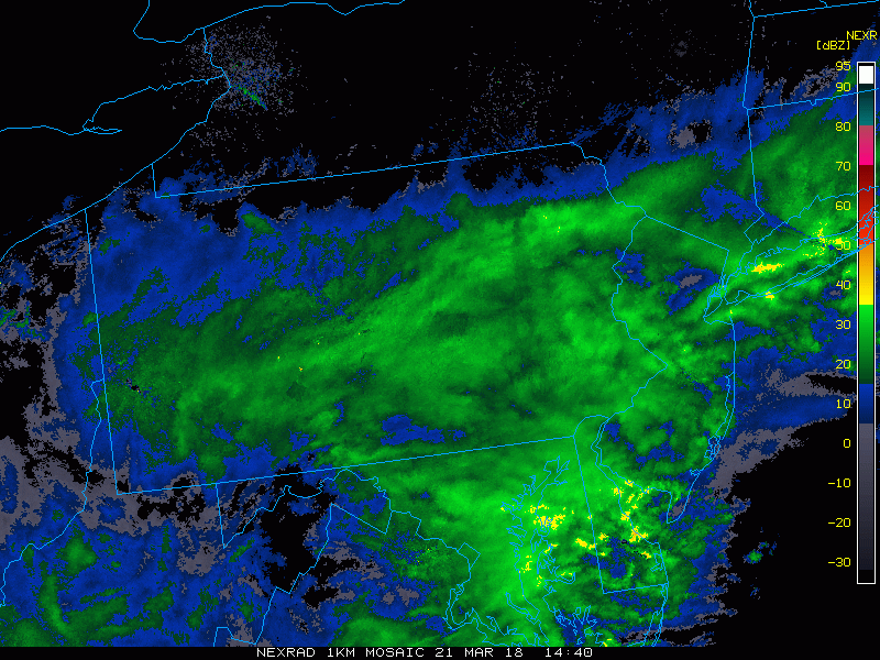 Mid-day loop of radar reflectivities and the "yellow" areas indicate heavier precipitation rates and will result in heavy snow bands in places like eastern PA and NJ over the next several hours; courtesy College of DuPage, NOAA