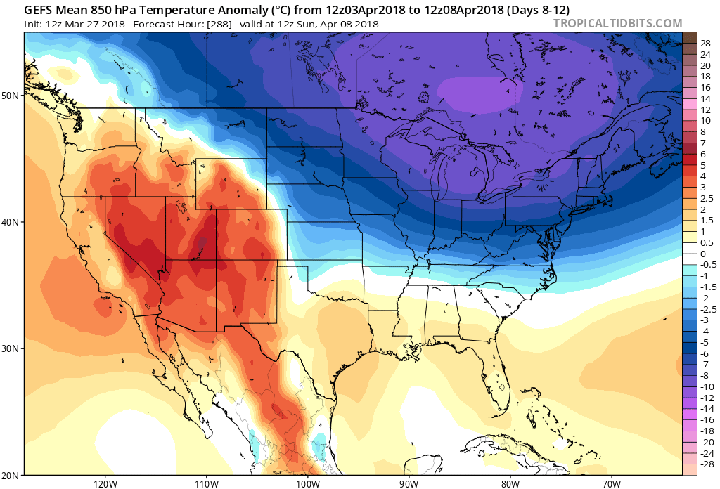 12Z GEFS 850 mb temperature anomalies averaged out over the 5-day period from April 3rd to April 8th (days 8-12); map courtesy NOAA/EMC, tropicaltidbits.com