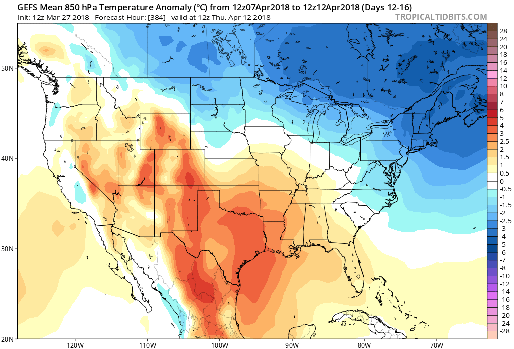 12Z GEFS 850 mb temperature anomalies averaged out over the 5-day period from April 7th to April 12th (days 12-16); map courtesy NOAA/EMC, tropicaltidbits.com
