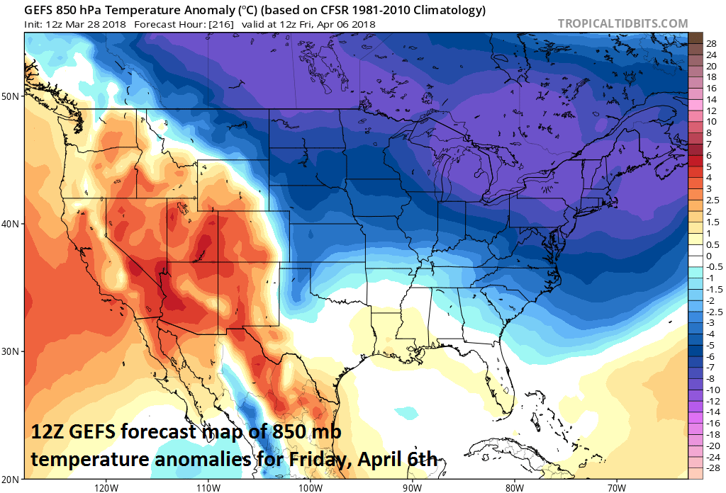 12Z GEFS forecast map of 850 mb temperature anomalies for Friday, April 6th; map courtesy NOAA/EMC, tropicaltidbits.com