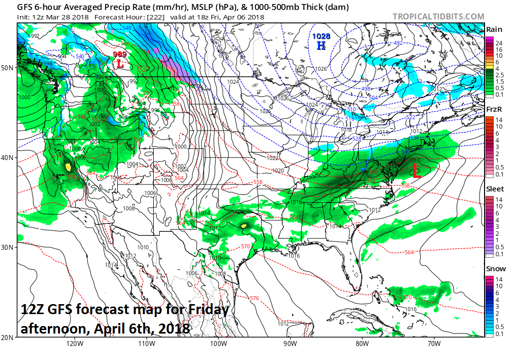 12Z GFS surface forecast map for Friday, April 6th with low pressure situated off the Mid-Atlantic coastline and a close call between rain and snow in the Mid-Atlantic region; map courtesy NOAA/EMC, tropicaltidbits.com 