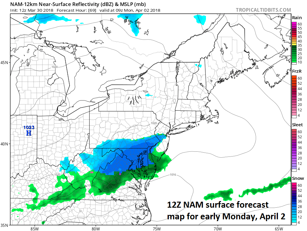 12Z NAM surface forecast map for early Monday morning with snow (in blue) in the Mid-Atlantic; map courtesy NOAA/EMC, tropicaltidbits.com