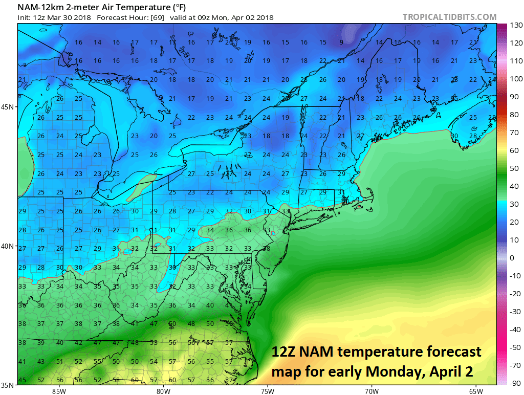12Z NAM forecast map of 2-meter temperatures early Monday which should be supportive of snow in the DC-to-Philly-to-NYC corridor; map courtesy NOAA/EMC, tropicaltidbits.com