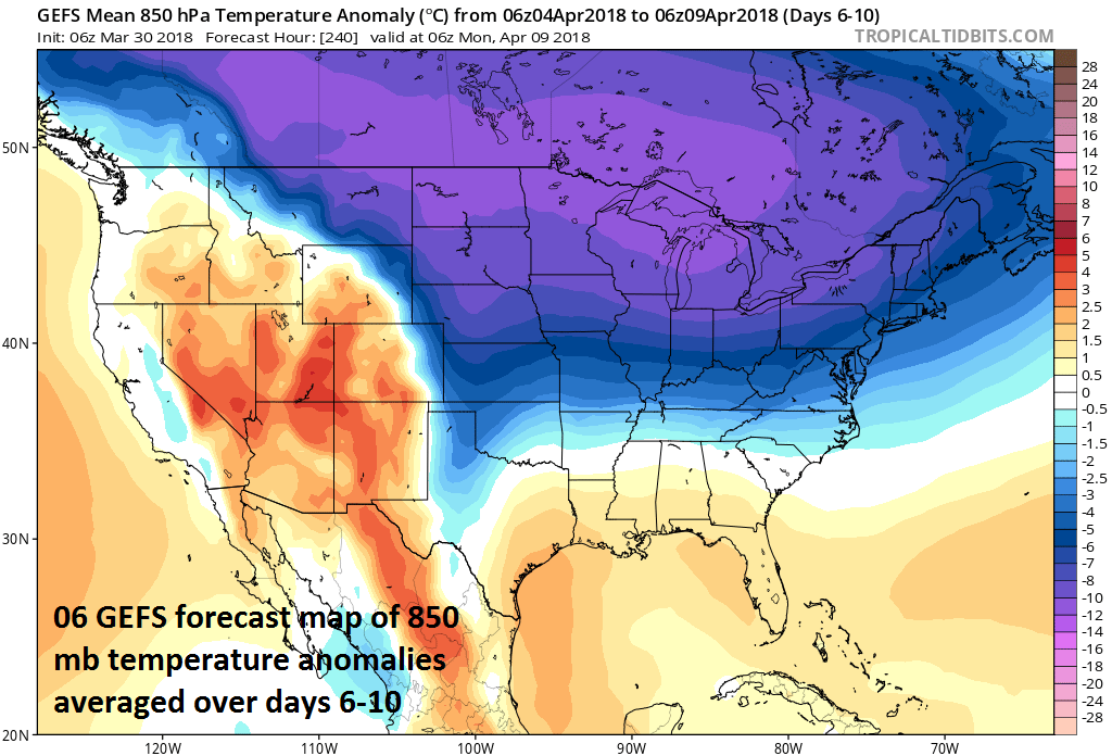 06Z GEFS forecast map of 850 mb temperature anomalies averaged over a 5-day period from April 4 to April 9 (days 6-10); map courtesy NOAA/EMC, tropicaltidbits.com