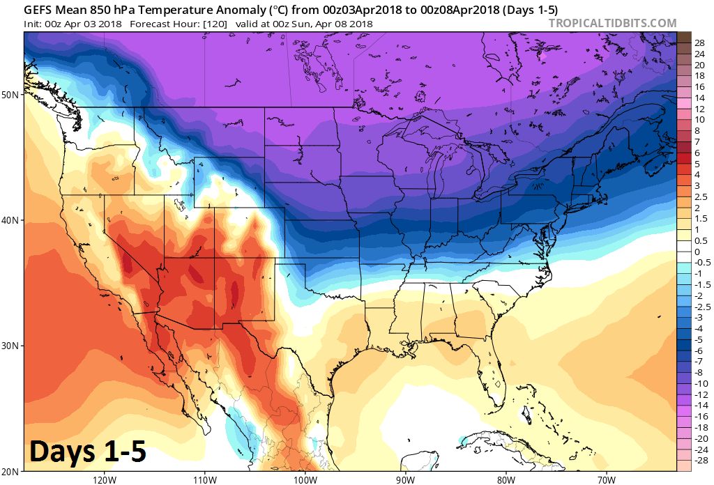 06Z GEFS forecast map of 850 mb temperature anomalies averaged over the current 5-day period (days 1-5); courtesy NOAA/EMC, tropicaltidbits.com