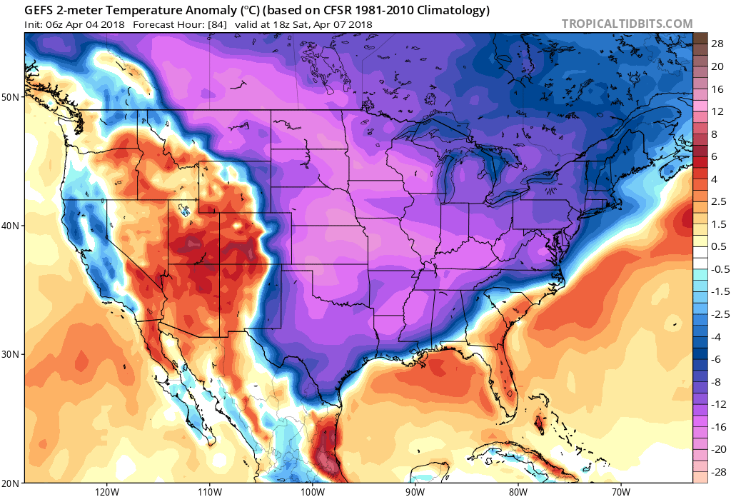 Much of the eastern two-thirds of the nation will feature significantly below-normal temperatures on Saturday afternoon as depicted by the 06Z GEFS 2-meter temperature anomalies; courtesy NOAA, tropicaltidbits.com