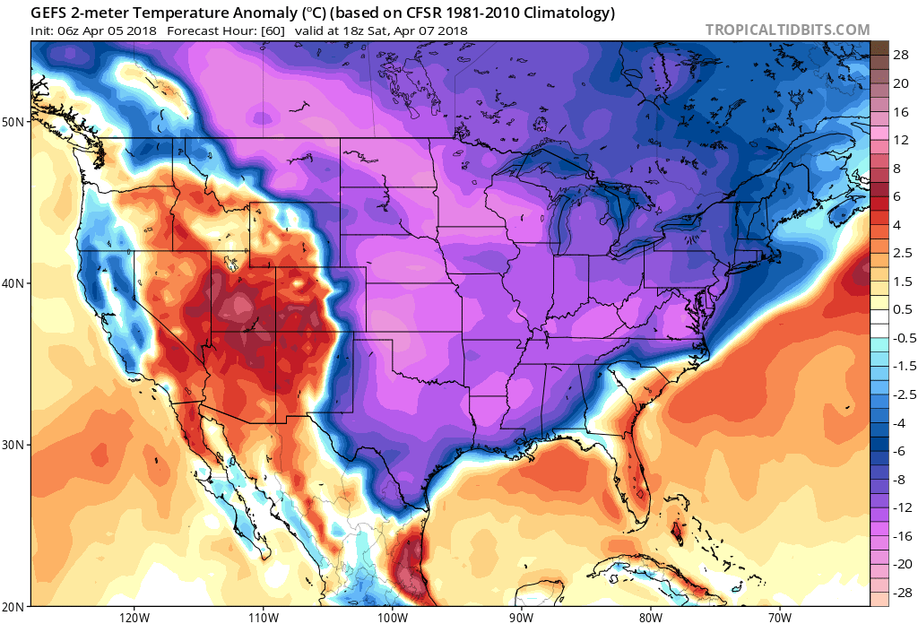 06Z GEFS forecast map of 2-meter temperature anomalies for Saturday afternoon with way below-normal conditions across a widespread part of the nation; courtesy NOAA/EMC, tropicaltidbits.com