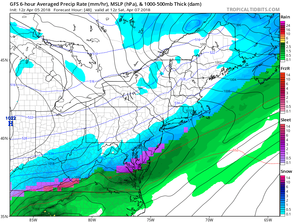 12Z GFS surface forecast map for early Saturday morning (8AM) with snow shown in blue and sleet/freezing rain in pink.purple; map courtesy NOAA/EMC, tropicaltidbits.com