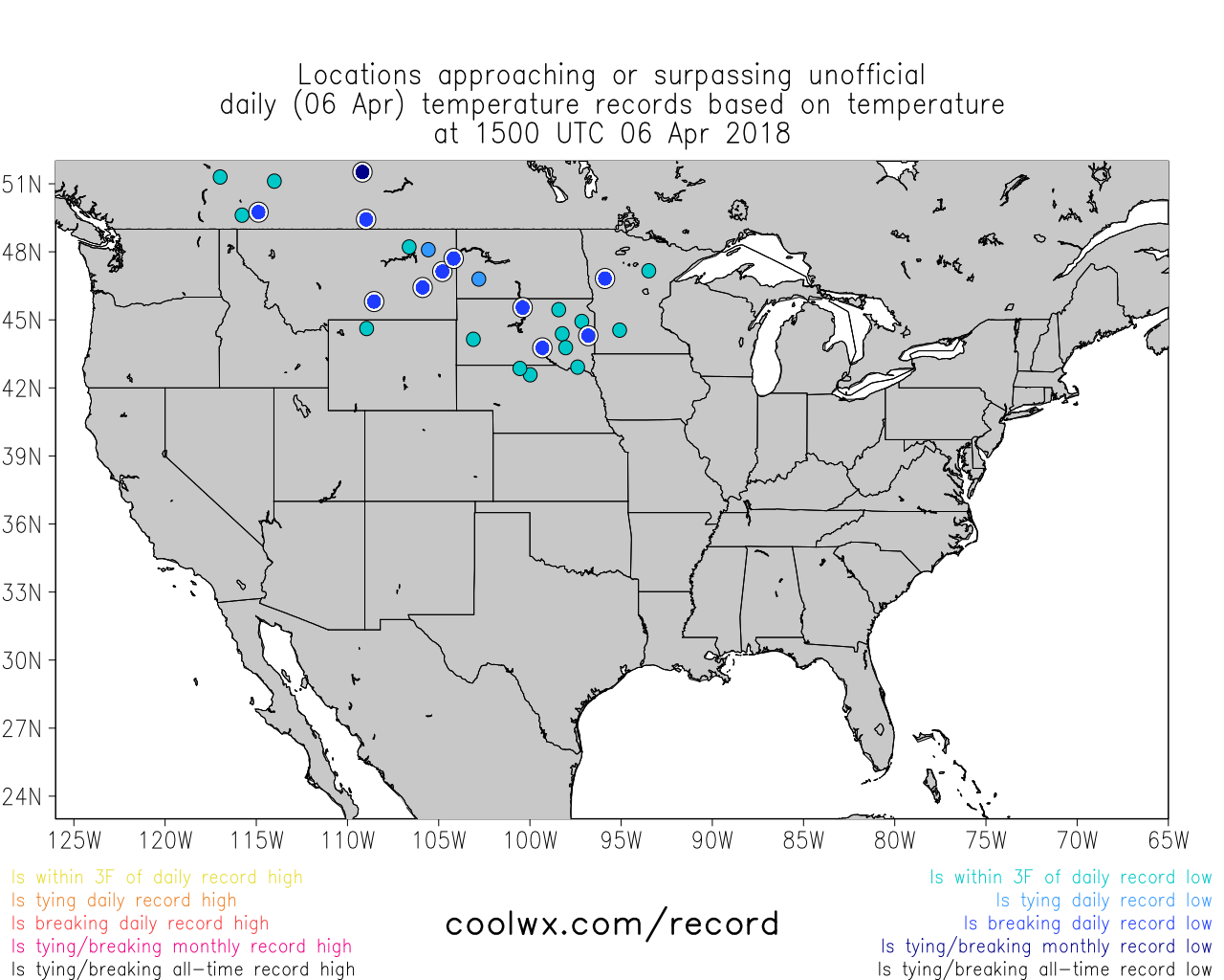 Late morning surface temperatures were at record or near record levels across the Upper Midwest and Northern Plains; map courtesy coolwx.com
