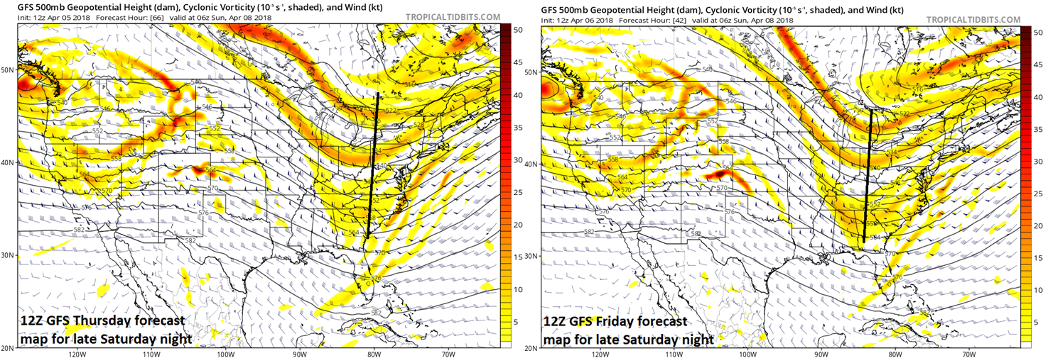 The trend over the past 24 hours (left, 12Z Thursday run; right, 12Z Friday run) in NOAA's GFS computer forecast model has been to slow down the eastward progression of the upper-level trough axis. If there is a bit more of this kind of trend at the 500-mb level then the system could end up having a bigger impact on the I-95 corridor. Maps courtesy NOAA/EMC, tropicaltidbits.com