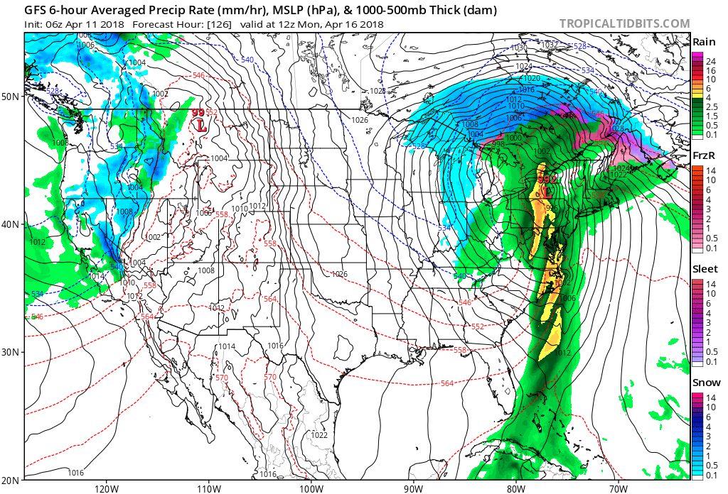 06Z GFS surface forecast map for early Monday morning with heavy rain and possible strong-to-severe thunderstorms likely in the Mid-Atlantic region; map courtesy NOAA/EMC, tropicaltidbits.com