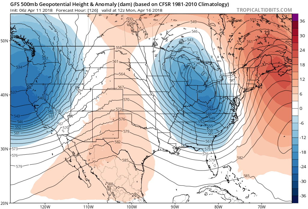 06Z GFS forecast map of 500 mb height anomalies for early Monday morning with deep upper-level trough of low pressure (blue) and an associated strong surface cold front likely contributing to a heavy rain event here in the Mid-Atlantic region on Sunday night and Monday that could include strong-to-severe thunderstorms; map courtesy NOAA/EMC, tropicaltidbits.com