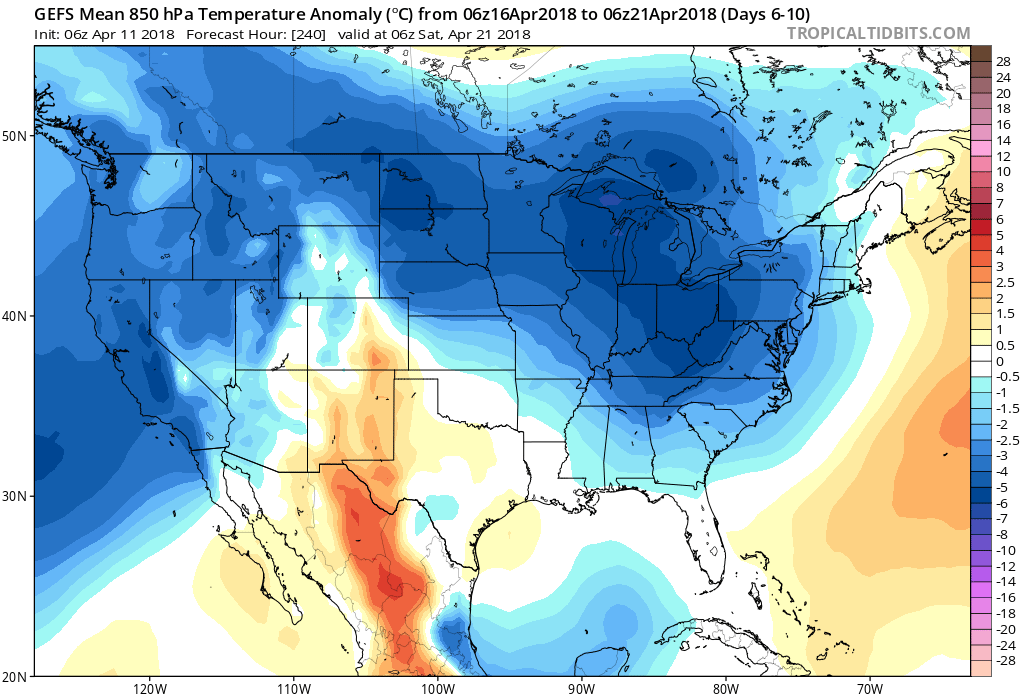 06Z GEFS forecast map of 850 mb temperature anomalies averaged over days 6-10 (April 16-21) with much of the eastern two-thirds of the nation back to below-normal conditions; map courtesy NOA/EMC, tropicaltidbits.com