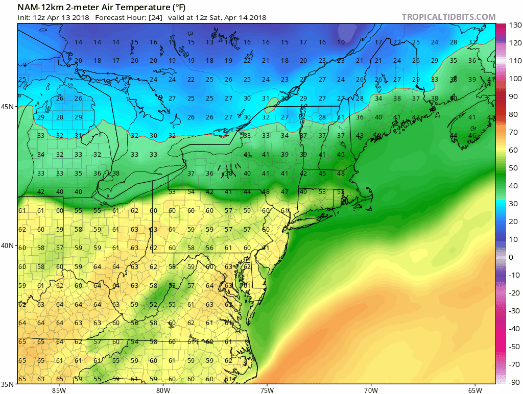 12Z NAM (12-km version) forecast maps of 2-meter temperatures from Saturday 8AM until Sunday 8PM with cold air sliding down the Northeast US coastline from northeast-to-southwest following the passage of "dreaded back door cold front"; maps courtesy NOAA/EMC, tropicaltidbits.com