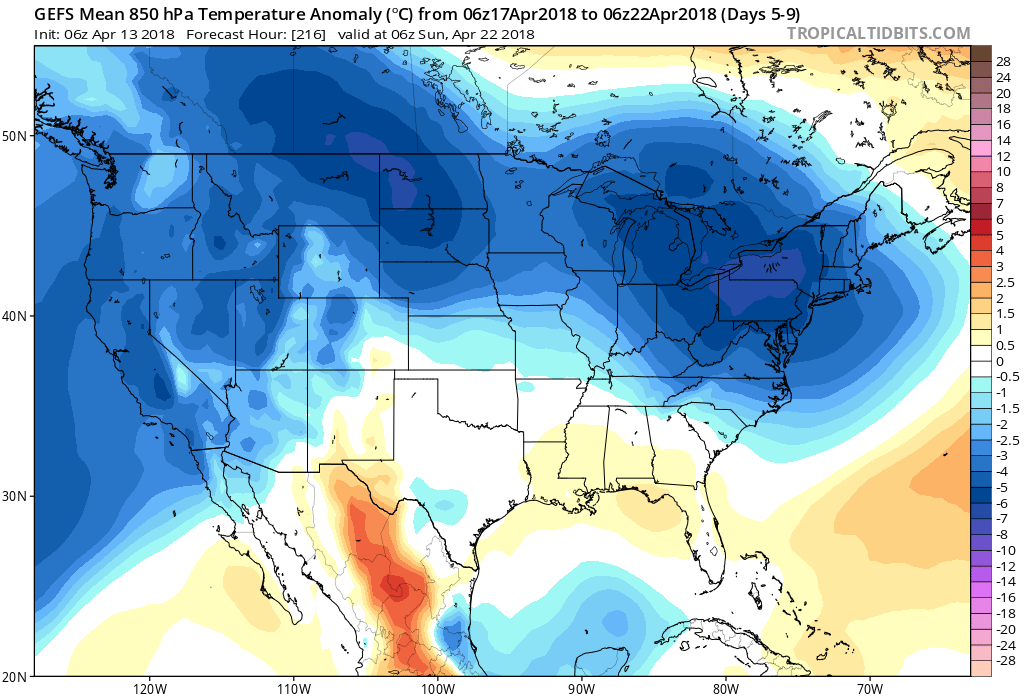 06Z GEFS forecast of 850 temperature anomalies averaged over a 5-day period (days 5-9, April 17-April 22) with colder-than-normal (blue) throughout the Mid-Atlantic region and Northeast US; map courtesy NOAA/EMC, tropicaltidbits.com