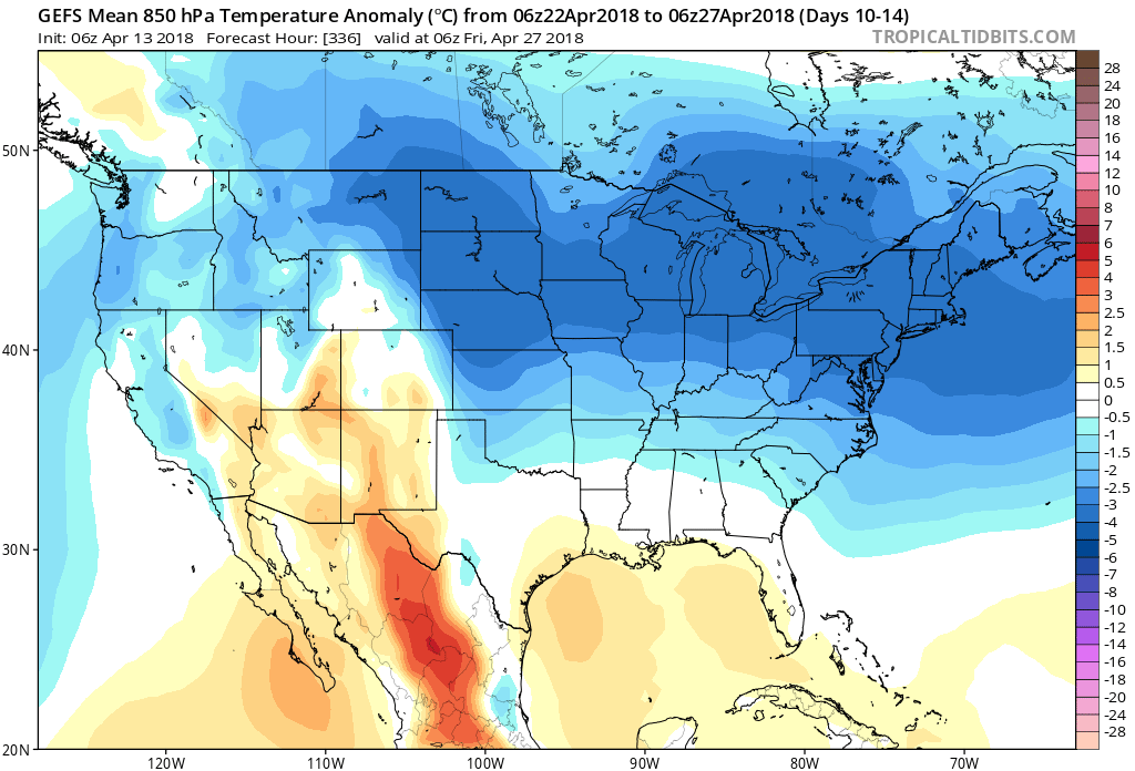 06Z GEFS forecast of 850 temperature anomalies averaged over a 5-day period (days 10-14, April 22-April 27) with colder-than-normal (blue) throughout the Mid-Atlantic region and Northeast US; map courtesy NOAA/EMC, tropicaltidbits.com