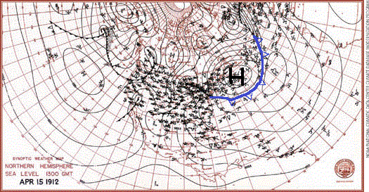 US Weather Bureau Surface Map for April 15th, 1912 featuring Arctic high pressure and cold front (blue) in region-of-interest