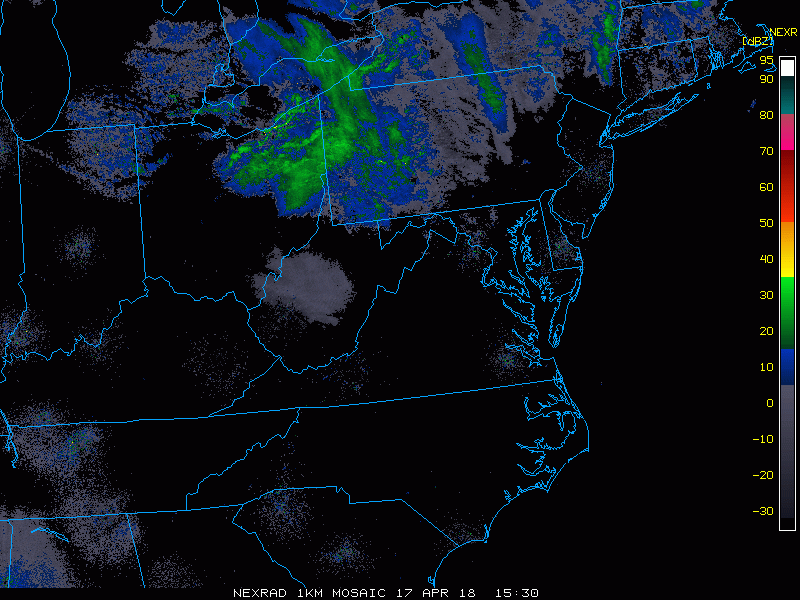 Radar loop in the early afternoon featuring lots of shower activity breaking out; especially, north of the PA/MD border. Many of these areas in upstate Pennsylvania are seeing snow and there can be some flakes seen around here later today. courtesy College of DuPage, NOAA