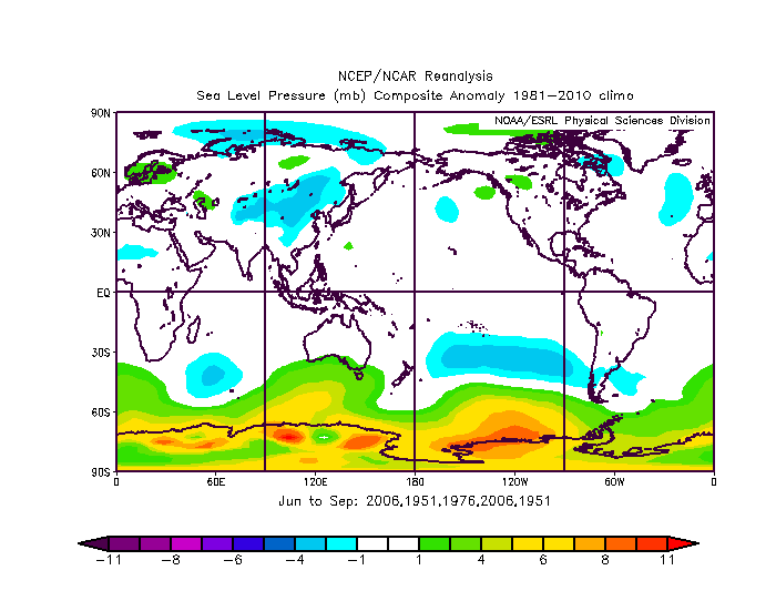 Sea level pressure anomaly in the June-to-September period of the analog years with nearly normal conditions in the Atlantic Basin; map courtesy NOAA
