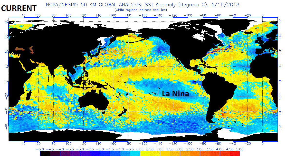 Current sea surface temperature (SST) anomalies with La Nina conditions (prevailing in the tropical Pacific Ocean (blue region with colder-than-normal SST); map courtesy NOAA