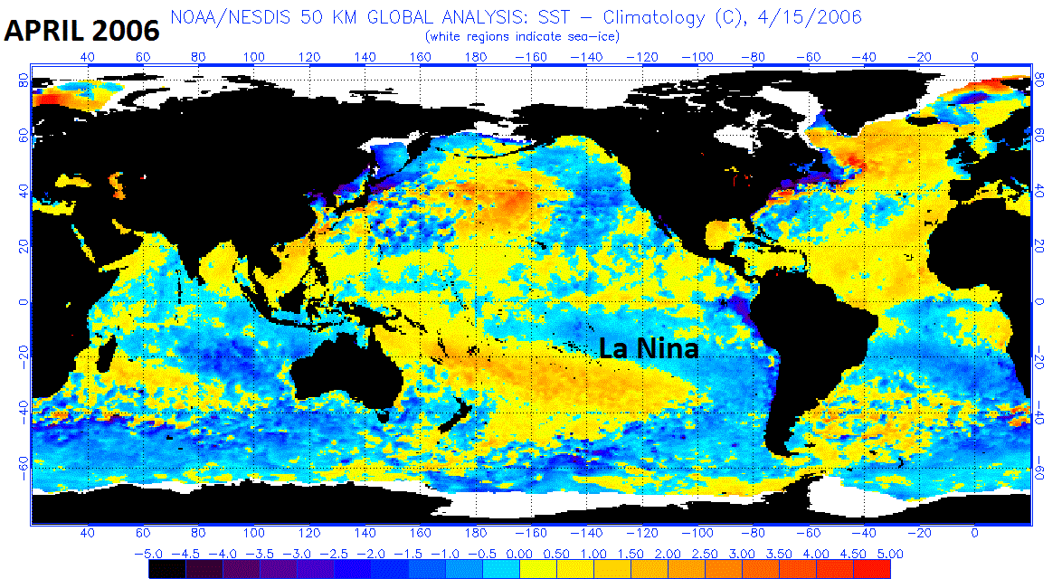 2006 was chosen by me as a top analog year as the sea surface temperature anomaly pattern was quite similar to this year with La Nina conditions prevailing in the tropical Pacific Ocean in April of 2006; map courtesy NOAA