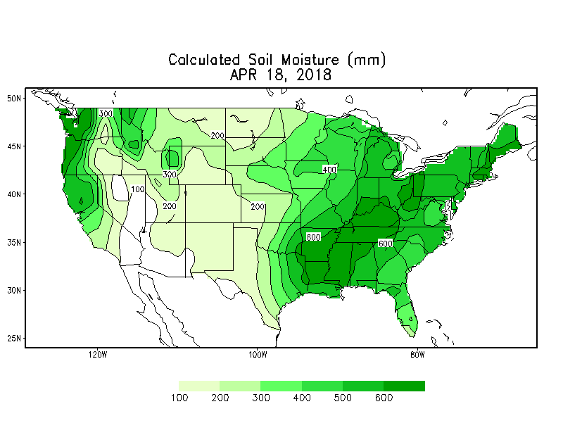 Soil moisture is in pretty decent shape in the eastern US thanks to recent rains and a cold spring which limits evaporation; courtesy NOAA