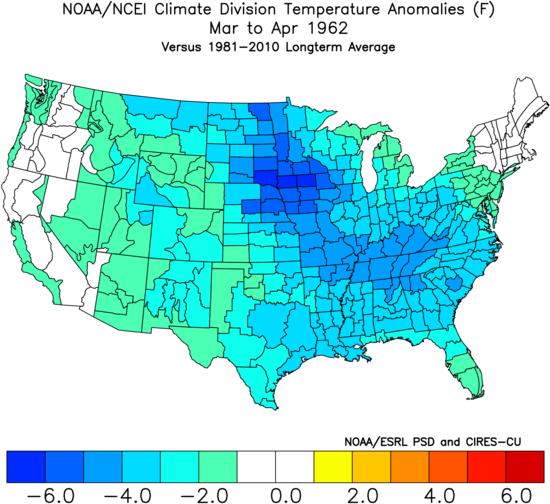 The latest first tornado ever in Oklahoma was on April 26, 1962 - this date is to be matched to day - and this was another year with colder-than-normal conditions across much of the nation during March and April; data courtesy NOAA