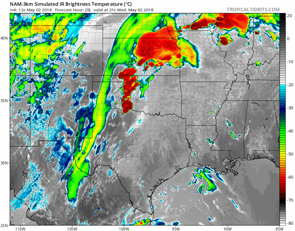 12Z NAM (3-km version) forecast maps of simulated IR brightness temperatures from late today into tonight with explosive thunderstorm development from Texas-to-Iowa; maps courtesy NOAA/EMC, tropicaltidbits.com