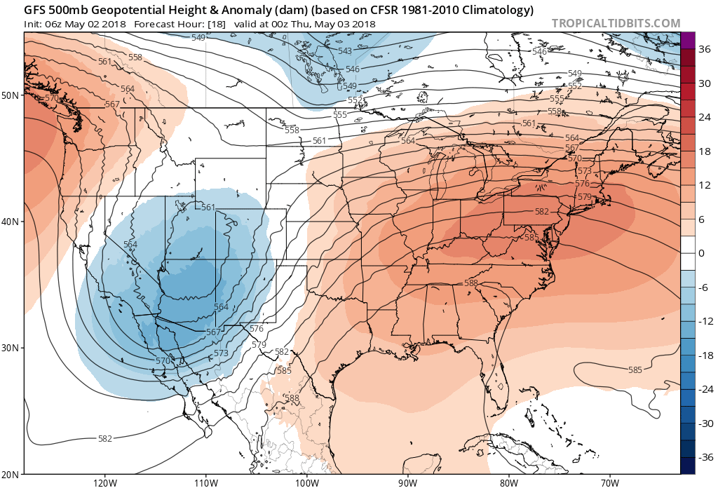 06Z GFS forecast map for early tonight of 500 mb height anomalies with a "clash" setting up in the center part of the nation between the cold upper-level low over the Southwest US and the strong high pressure ridging in the eastern US; map courtesy NOAA/EMC, tropicaltidbits.com