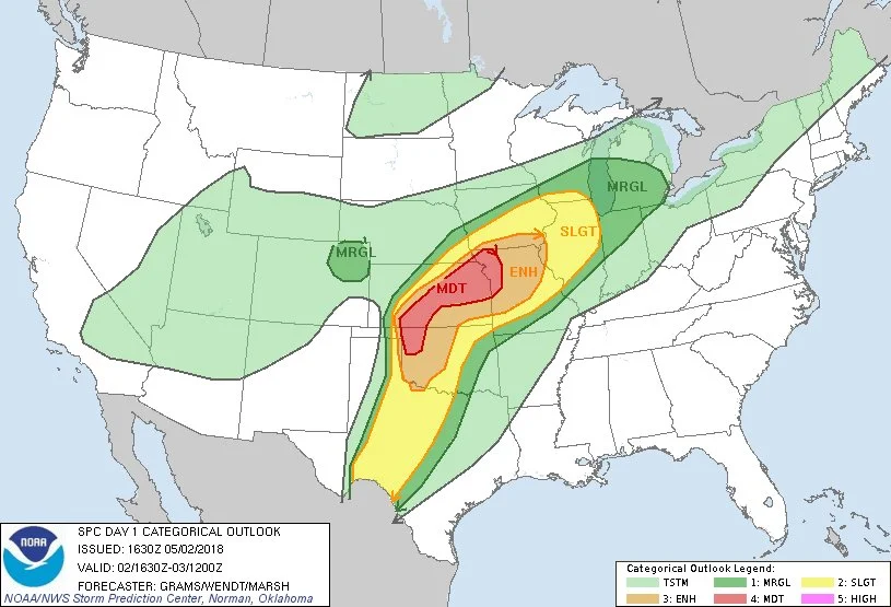 NOAA's Storm Prediction Center mid-day update forecast map of the severe weather outlook for later today and tonight with the highest probability from northwestern Oklahoma to northwestern Missouri; map courtesy NOAA/SPC (in Norman, Oklahoma)