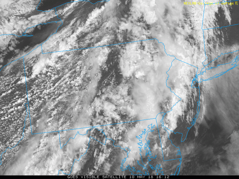 Loop of the latest visible satellite images with an explosion of thunderstorms in the western Mid-Atlantic region; images courtesy NOAA, College of DuPage