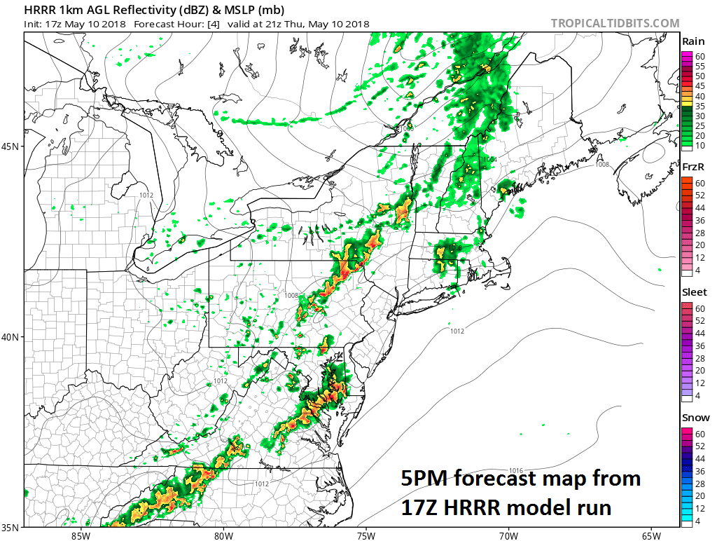 High-resolution model forecast map of radar echoes as of 5pm; courtesy NOAA, tropicaltidbits.com