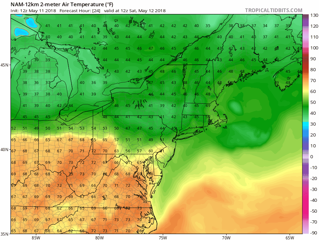 12Z NAM forecast maps of 2-meter temperatures from 24 hours (8AM Saturday) to 60 hours (8PM Sunday) with dramatically cooler air pushing from northeast-to-southwest on Sunday following the passage of a back door cool front; maps courtesy NOAA/EMC, tropicaltidbits.com