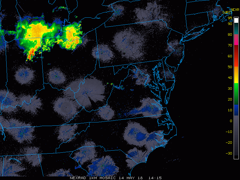 Mid-day radar loop with a batch of showers and thunderstorms to monitor across northern Ohio as they push to the south and east; courtesy NOAA, College of DuPage