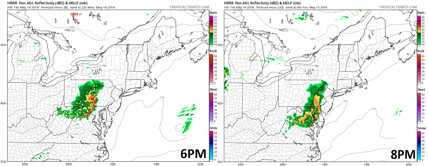 High-resolution forecast maps for Monday evening at 6pm (left) and 8pm (right); courtesy NOAA/EMC, tropicaltidbits.com