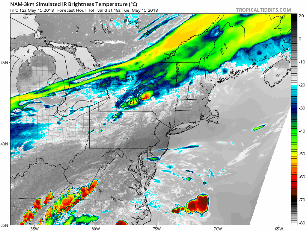 12Z NAM (3-km) forecast maps of simulated IR brightness from Tuesday 2PM to Wednesday 4AM with explosive development of thunderstorms indicated for later today and then possible "training" of thunderstorms in the overnight hours; courtesy NOAA/EMC, tropicaltidbits.com