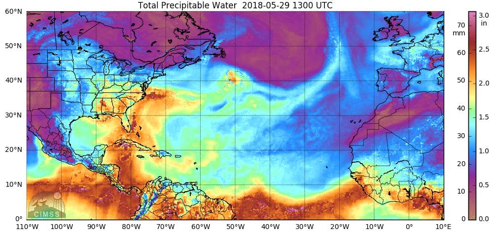 The total precipitable water loop for the past 24 hours shows an influx of tropical moisture into the eastern US from the Caribbean Sea and Gulf of Mexico (indicated by yellows/oranges/reds). This deep layer of moisture will contribute to soaking rainfall around here during the next five days or so; maps courtesy University of Wisconsin/CIMMS