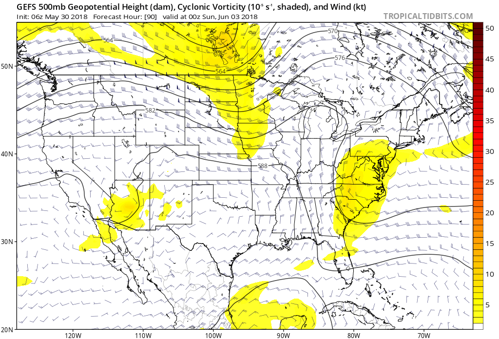 Upper-level disturbances including this one over the Mid-Atlantic region this weekend (indicated by yellow) will combine with entrenched tropical moisture to produce soaking rainfall; map courtesy NOAA, tropicaltidbits.com