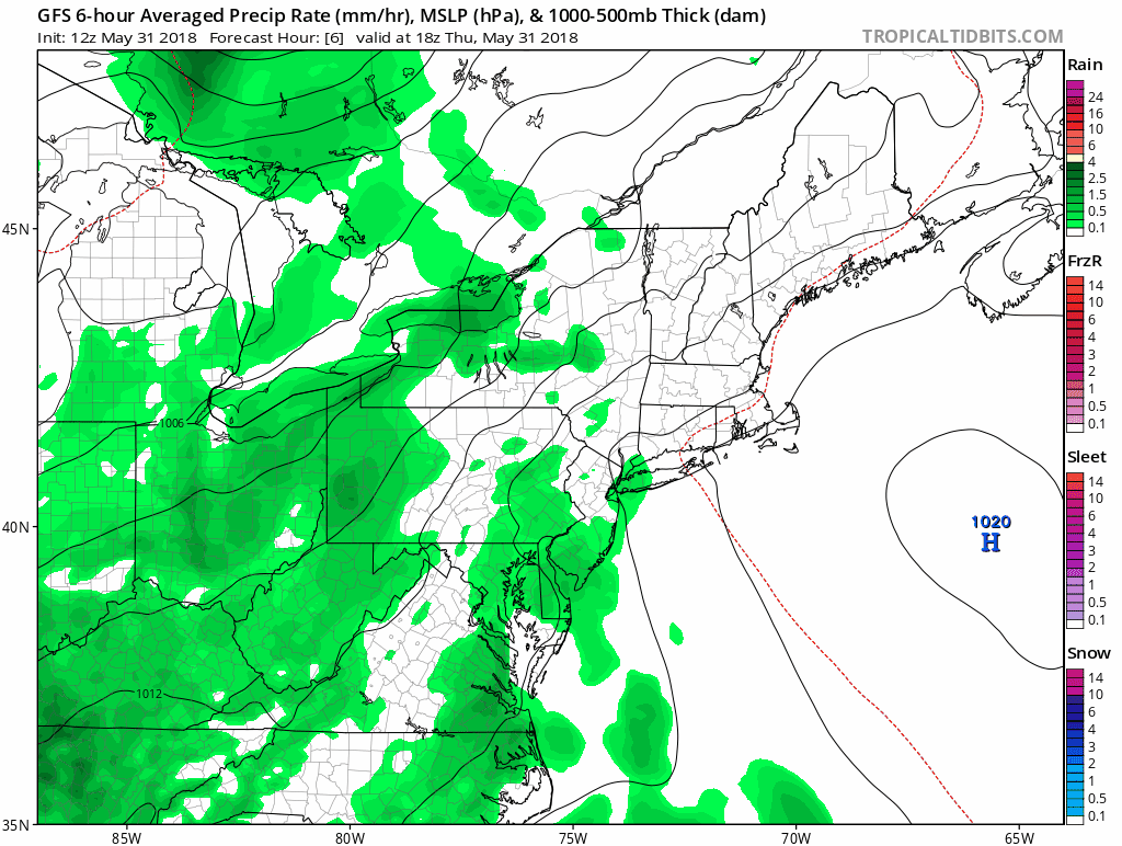 The 12Z GFS model run has copious amounts of rain (in green) for the Mid-Atlantic region from this afternoon until Tuesday morning. Courtesy NOAA/EMC, tropicaltidbits.com