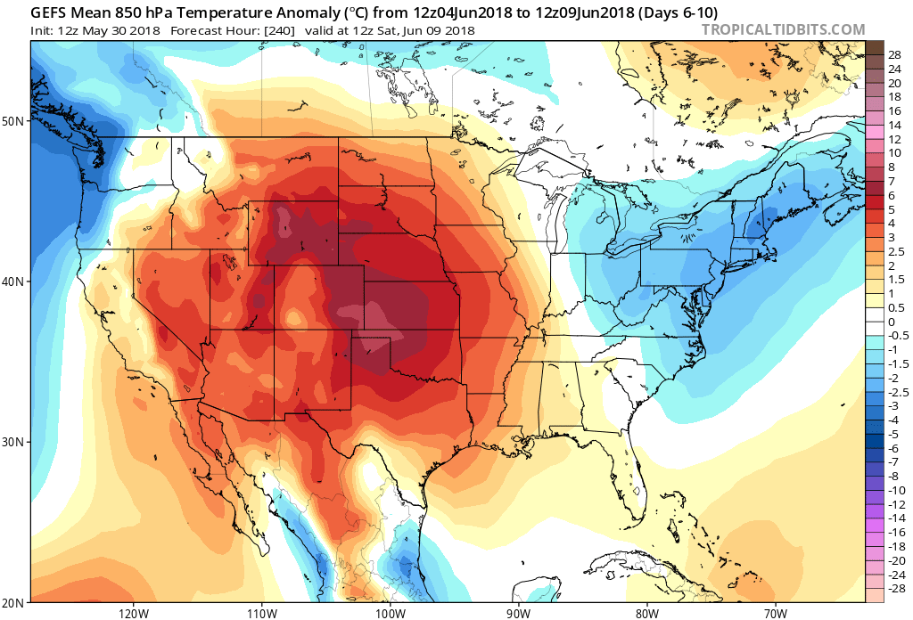 06Z GEFS 850 mb temperature anomalies for days 6-10; courtesy NOAA/EMC, tropicaltidbits.com