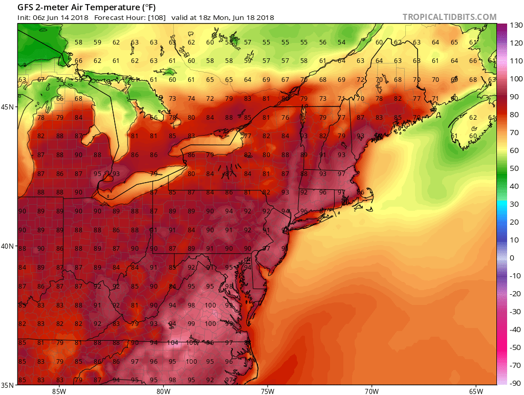 06Z GFS surface (2-m) temperature forecast map for Monday afternoon, June 18th; courtesy NOAA/EMC, tropicaltidbits.com