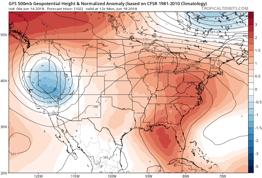 06Z GFS forecast map of 500 mb height anomalies for Monday morning, June 18th, with excessive ridging (shown in orange) over the Mid-Atlantic region; courtesy NOAA/EMC, tropicaltidbits.com