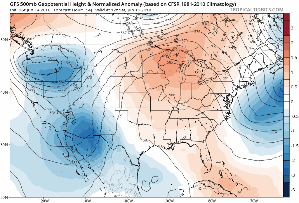 06Z GFS forecast maps of 500 mb height anomalies from Saturday morning (forecast hour 54) to Monday morning (forecast hour 102) with high pressure ridging reaching its peak relative-to-normal on Monday, June 18th, in the Mid-Atlantic region; courtesy NOAA/EMC, tropicaltidbits.com