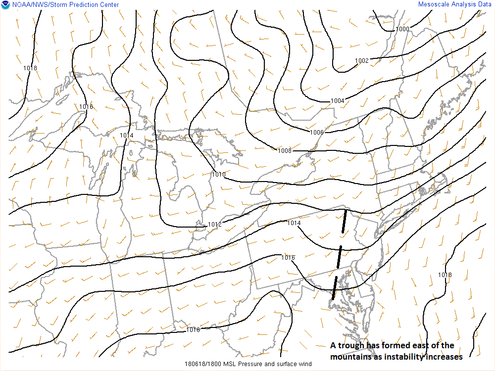 The latest surface map features a trough of low pressure just to the west of the I-95 corridor; data courtesy NOAA