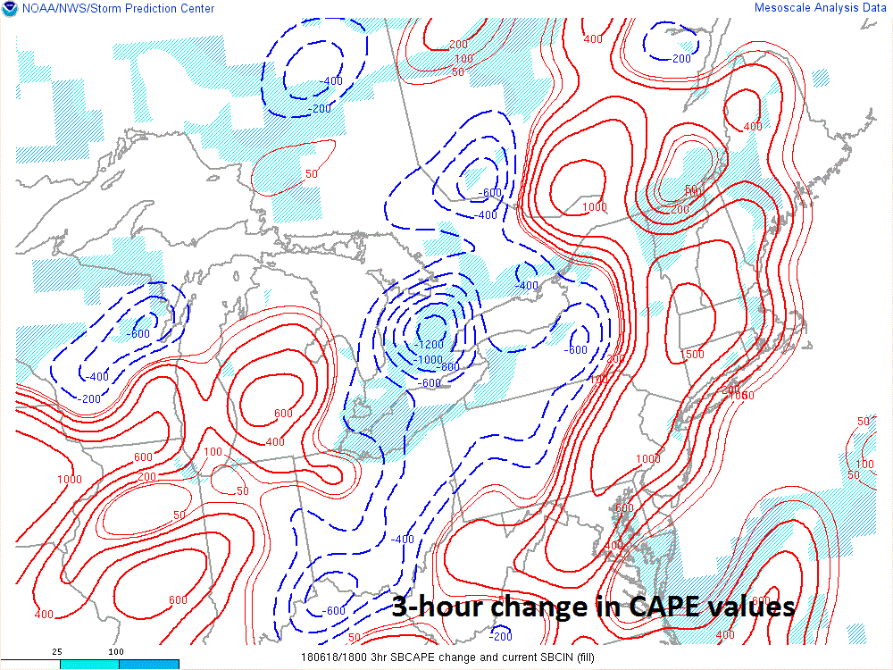 The atmosphere has become quite unstable in the I-95 corridor as indicated here by a substantial increase in Convective Available Potential Energy (CAPE) during the last three hours; data courtesy NOAA