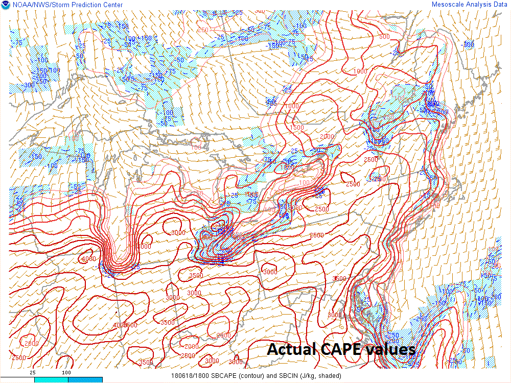 Actual CAPE values during the mid-afternoon hours shows values of 3000+ (unstable) just to the west of the I-95 corridor; data courtesy NOAA